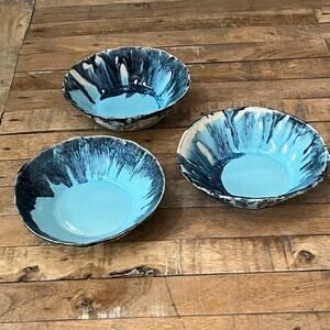Studio Art Pottery Nesting Bowls Blue & Black Drip Glaze Abstract Signed